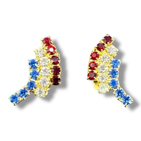 Vintage Kramer New York Red/White/Blue Rhinestone Gold Tone Clip Earrings - Picture 2 of 7